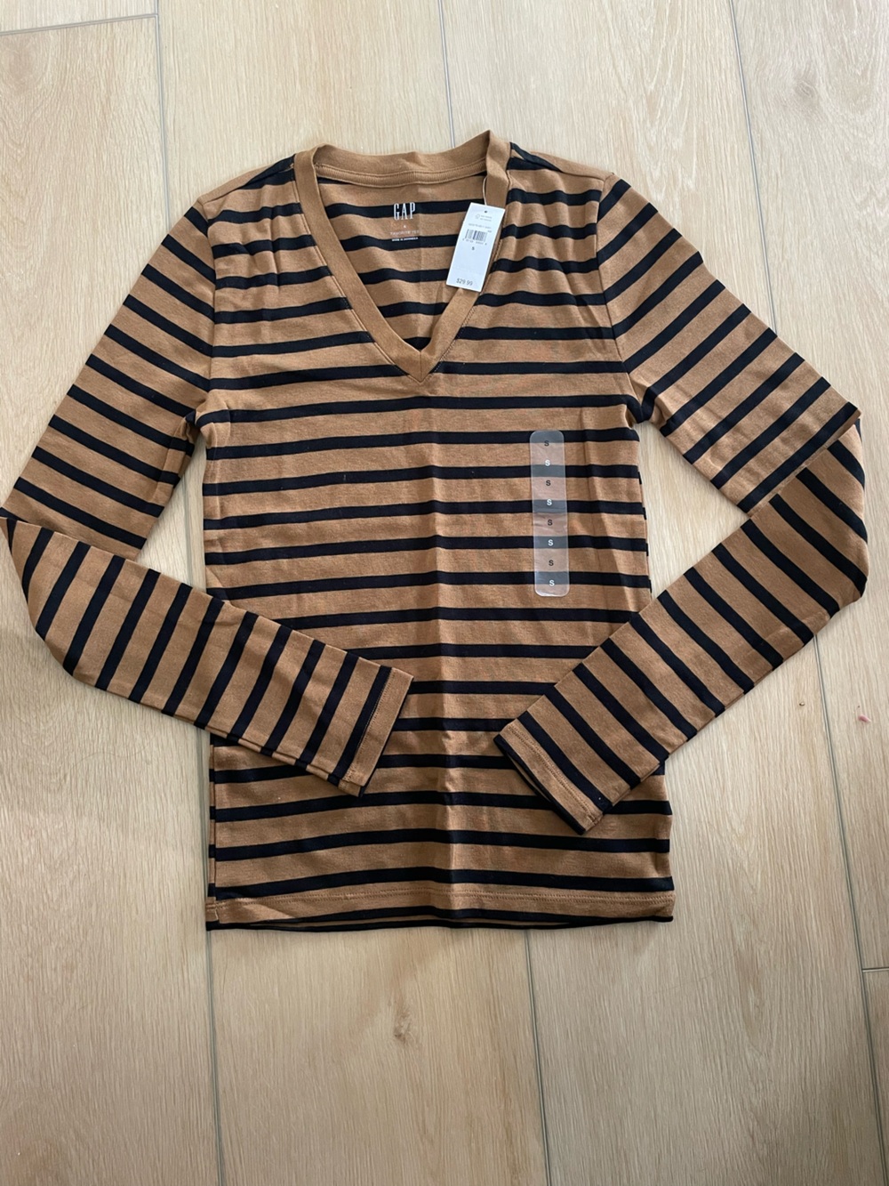 GAP Brown and Black Striped V-Neck Long Sleeve Top